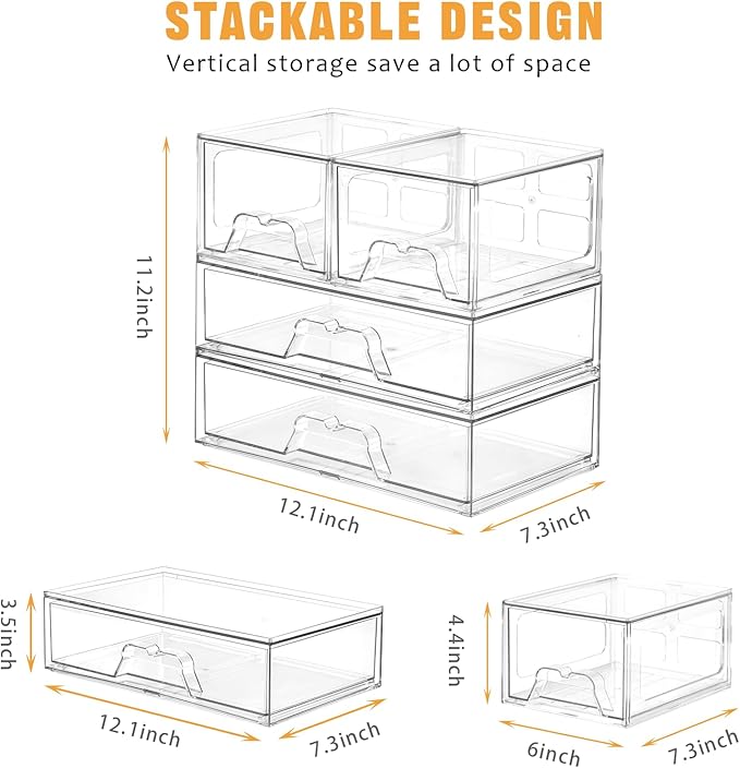 Stebopum 4 Pack Stackable Storage Drawers Clear Acrylic Organizer Bathroom Makeup Organizer and Storage for Beauty Supplies,Ideal for Vanity, Bathroom,Cabinet,Pantry Organization