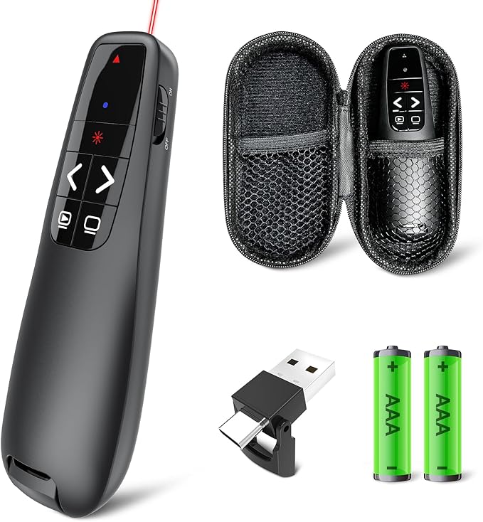 Presentation Clicker with Case Storage: Wireless Presenter Remote: Red Laser Pointer Computer Clickers, USB C PowerPoint PPT Clicker for Mac Laptop, Slideshow Google Slide Advancer