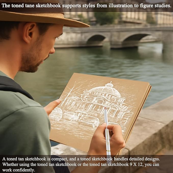 Fuxi Toned Tan Sketchbook 9x12-60 Sheet Acid Free Toned Paper, Professional Drawing Pad for Artists & Art Students.