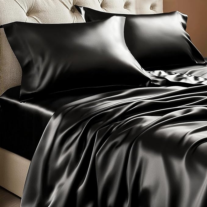 BEDELITE Satin Sheets Twin Size Bed Set, Luxury Soft Black Silky Sheets by BEDELITE