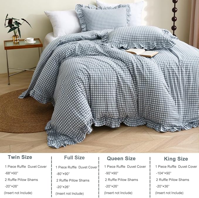 Silnuo Light Blue/White Plaid Ruffle Duvet Cover King Size, 100% Washed Cotton - Image 3