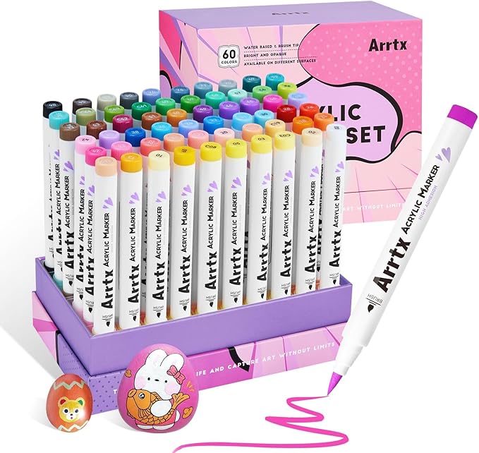 Arrtx Paint Markers Paint Pens 60 Colors, Acrylic Pens for Artists Adults Coloring Drawing Cartoon Anime Comic - Brush Tip for Rock, Wood, Canvas, DIY Crafts Making Art Supplies