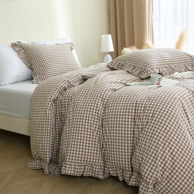 Silnuo Taupe/White Plaid Ruffle Duvet Cover King Size, 100% Washed Cotton 3 Pcs - Image 2