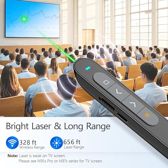 Norwii Rechargeable Bluetooth Presentation Clicker with Green Pointer, Wireless Presenter, PowerPoint Presentation Remote, Slide Clicker with 328ft Range for Teacher and Presenter, macOS Applicable