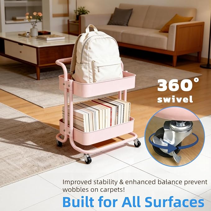 Ufriandz 2 Tier Short Rolling Cart with Wheels All-Metal Pink Pantry Storage for Kitchen,Under Desk Trolley with Handle Small Wheeled Storage Cart for Laundry Room Bathroom, Under Table Small Space