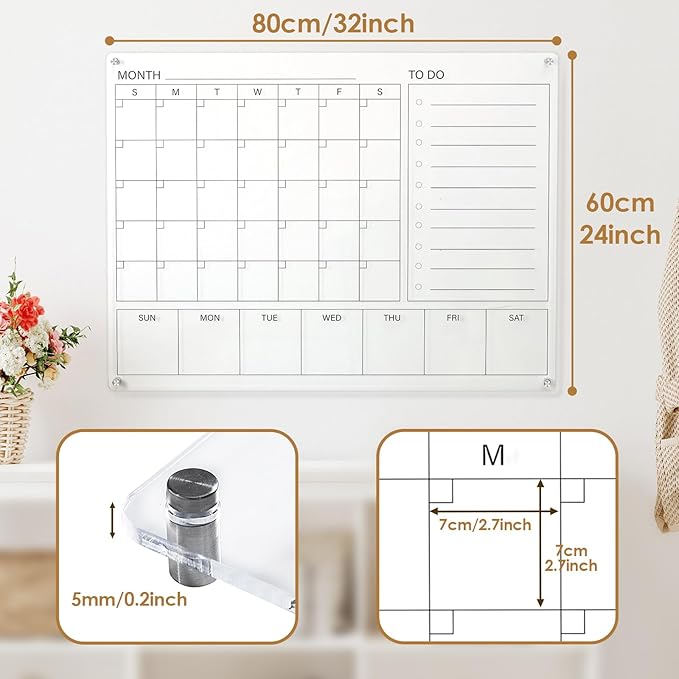 MAKELLO Acrylic Calendar for Wall 32" x 24", Clear White Board Calendar for Office, School, Home, Monthly Whiteboard with Weekly