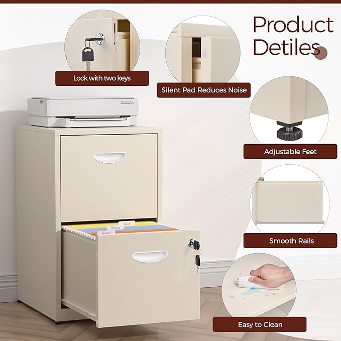 Kubohogar 2 Drawer File Cabinet with Lock,Cream Metal Filing Cabinets,Vertical Locking File Cabinet Fit Hanging Files, Letter,File Box and A4 Documents(Cream)