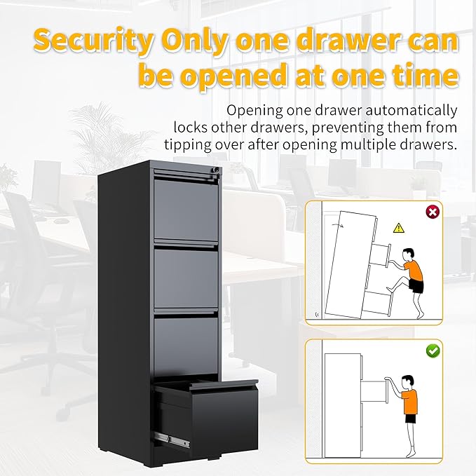 Reegangfa 4 Drawer File Cabinet with Lock, 18" D Metal Vertical Filing Cabinets, Steel File Storage Cabinets for Home Office, Hanging A4 Legal/Letter Size Narrow File Cabinet, Assembly Required