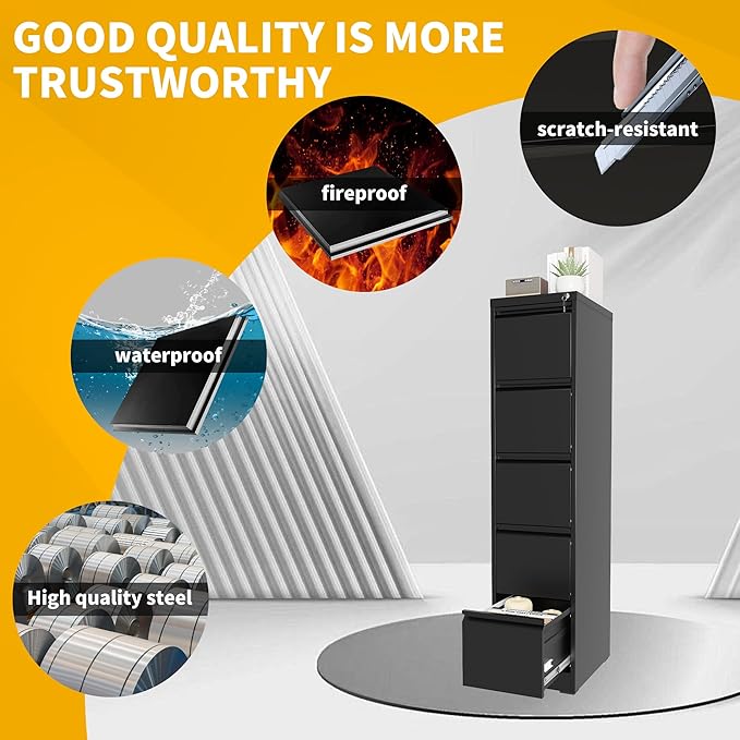 Reegangfa 5 Drawer File Cabinet with Lock, 18" D Metal Vertical File Cabinets, Steel File Storage Cabinets for Home Office, Hanging A4 Legal/Letter Size Narrow Filing Cabinet, Assembly Required