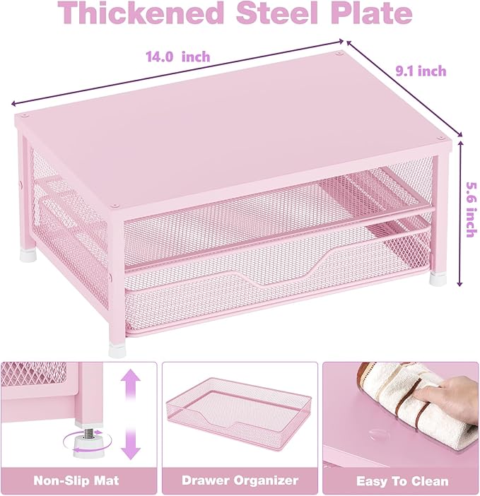 OPNICE Computer Monitor Stand Riser, Desk Organizer with Drawer, Laptop Stand, Office Desk Accessories & Workspace Desktop Organizers Storage for Office Supplies(Pink)