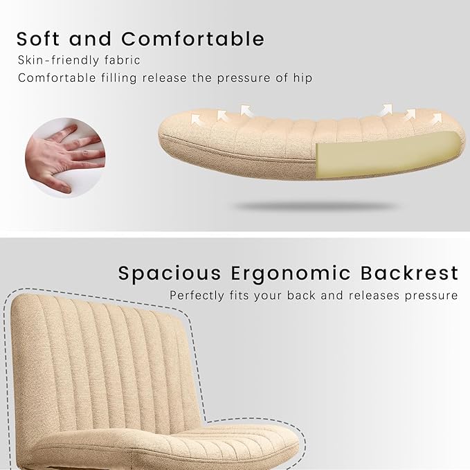 PUKAMI Criss Cross Chair,Armless Cross Legged Office Desk Chair No Wheels,Fabric Padded Modern Swivel Height Adjustable Mid Back Wide Seat Computer Task Vanity Chair for Home Office(Yellow)