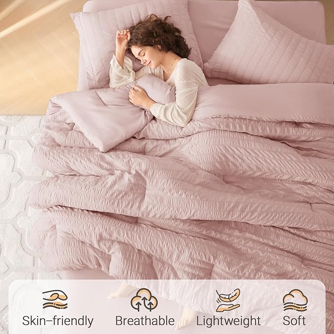 MUXHOMO 7 Pieces King Comforter Set, Seersucker Bed in a Bag King Size - Image 2
