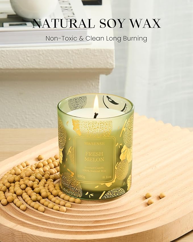 M&SENSE Naturally Scented Vegan Soy Candles, Fresh Melon Scented Candles - Image 2