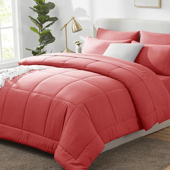 CozyLux King Size Comforter Set Coral, 7 Pieces Bed in a Bag, Coral Comforter by CozyLux