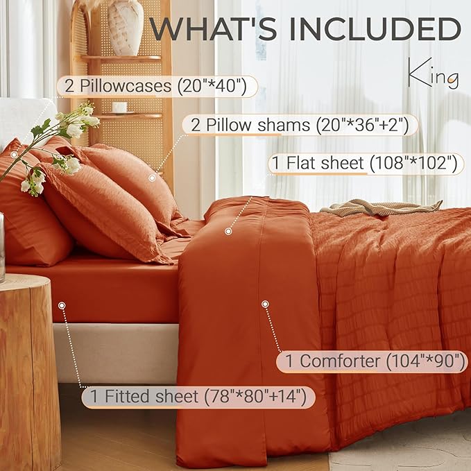 MUXHOMO 7 Pieces King Comforter Set, Seersucker Bed in a Bag King Size - Image 4