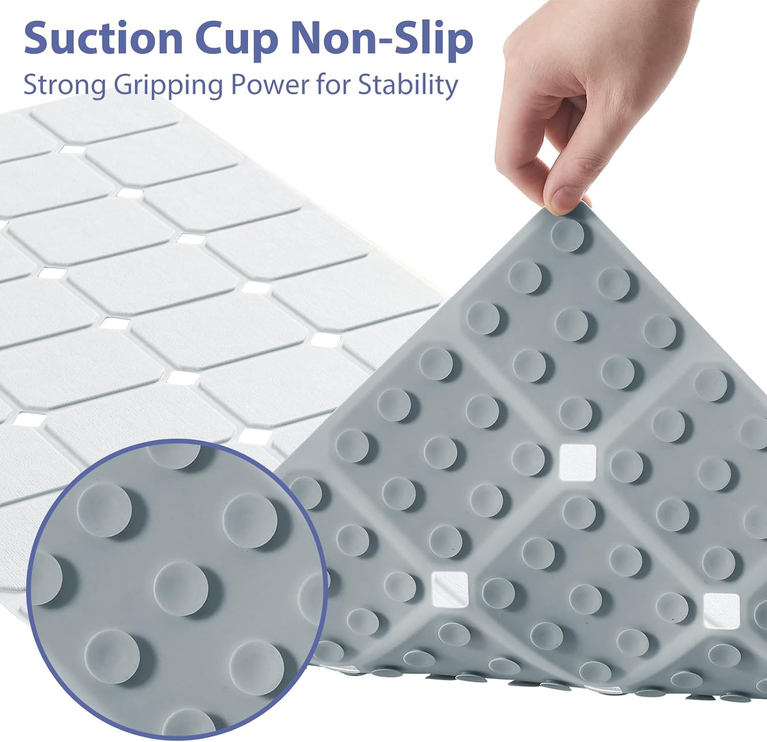 Bathtub Mat Non Slip Silicone Foldable Extra Long Tub Mat Strong Suction Cups & Large Drain Holes, Durable,Machine Washable for Smooth Surfaces Shower Mat, Ideal for Families Beige,15"x40" Grey