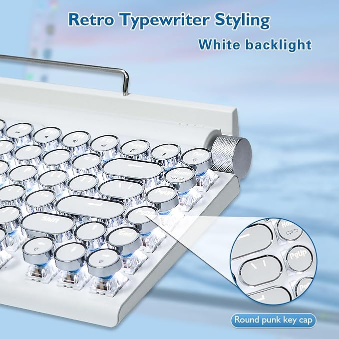 Adventurers Retro Typewriter Keyboard, 75% Layout 83 Keys Wireless Keyboard with Blue Switch,Bluetooth 5.0 and Multi-Device Switching,Vintage Punk Style,Hot-Swappable for PC/Laptops/Mac/ipad-White