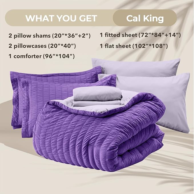 HYMOKEGE Dark Purple/Lavender California King Comforter Set Seersucker 7 Pieces - Image 6