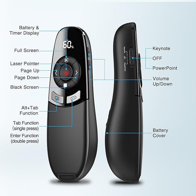 Wireless Presentation Clicker with Red Laser Pointer and Battery & Timer Display, Powerpoint Clicker for Mac Windows Keynote Google, Presenter Remote PPT Remote for Powerpoint Presentations