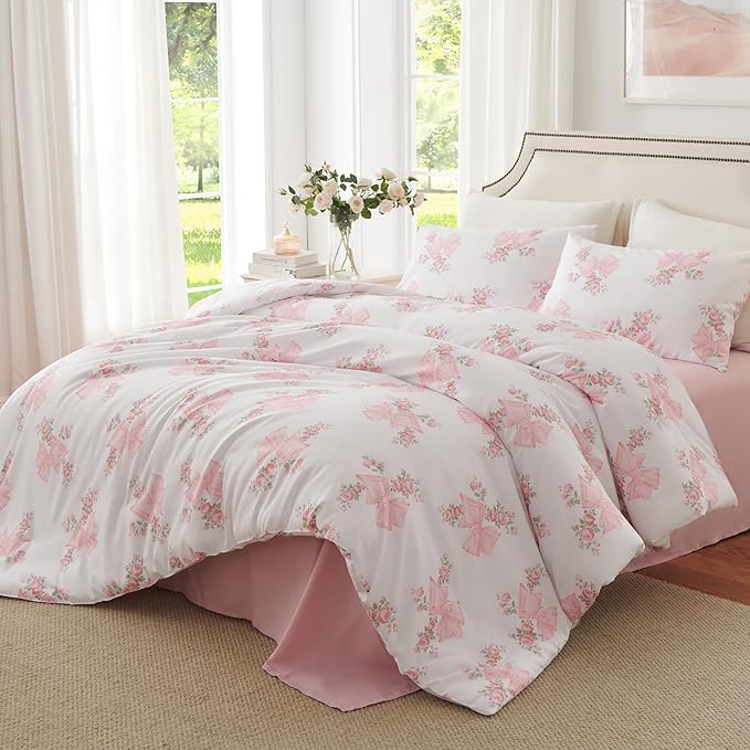 Nayoroom Pink Bow Duvet Cover Queen Size Coquette Pink Floral Duvet Cover 3 - Image 2