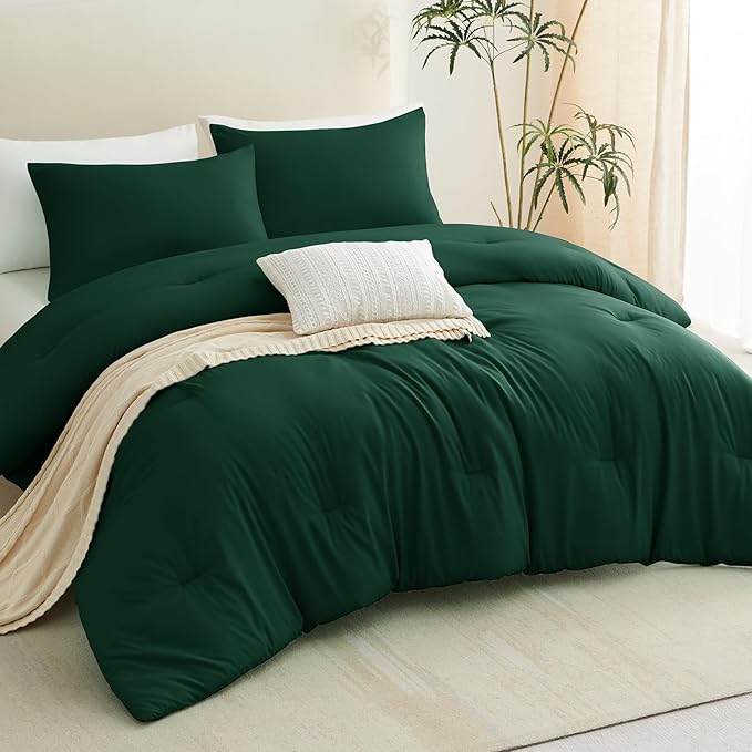 CozyLux Dark Emerald Green Queen Comforter Set, 3 Pieces Solid Breathable - Image 9