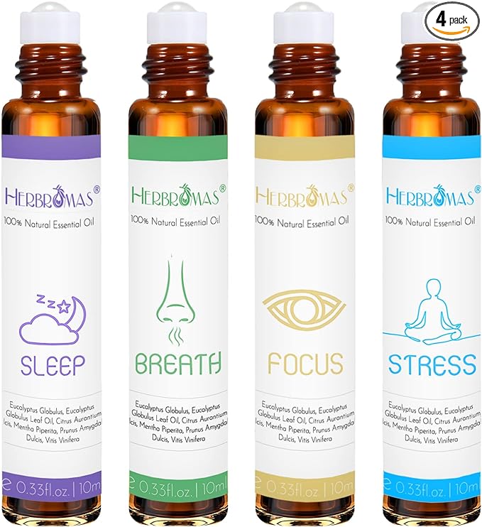 Aromatherapy Oils Roller Set, Natural Pre-diluted Essential Oils Roll On by HERBROMAS