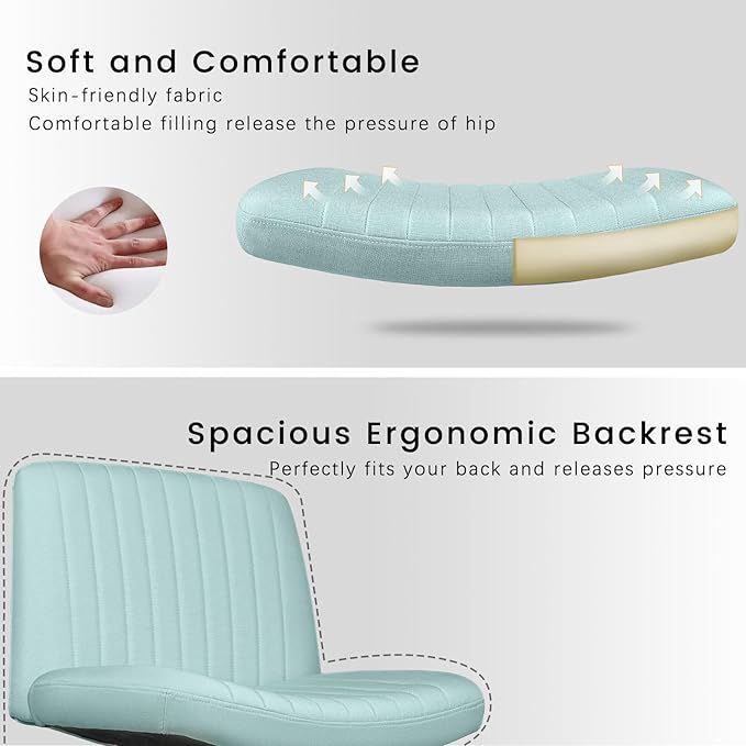 PUKAMI Criss Cross Chair with Wheels,Fabric Padded Armless Cross Legged Office Desk Chair for Home Office,Modern Swivel Height Adjustable Wide Seat Computer Task Vanity Chair(Mint Green)