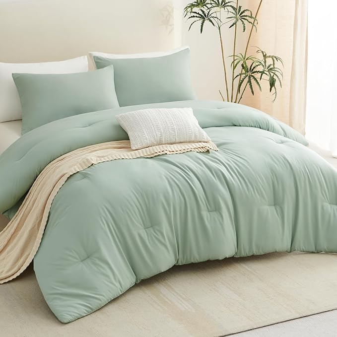 CozyLux Sage Green Queen Comforter Set, 3 Pieces Solid Breathable Quilted - Image 9