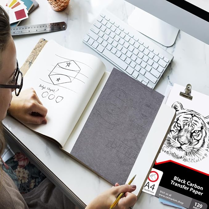 Raimarket 120 Sheets Carbon Paper for Tracing – Durable Smudge-Resistant Graphite Transfer Paper for Drawing, Sketching & Craft Projects | Black Copy Paper for Wood, Canvas, Fabric & Art Surfaces