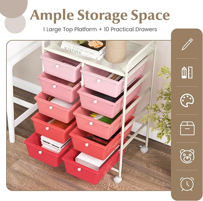 GOFLAME 10-Drawer Rolling Storage Cart, Art Craft Storage Organizer on Wheels, Multipurpose Movable Utility Cart for School, Office and Home, Pink