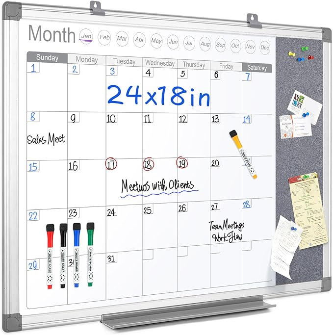 MAKELLO Dry Erase Calendar for Wall 24" x 18", Whiteboard Calendar and Grey Felt Board Combo for Office Home School