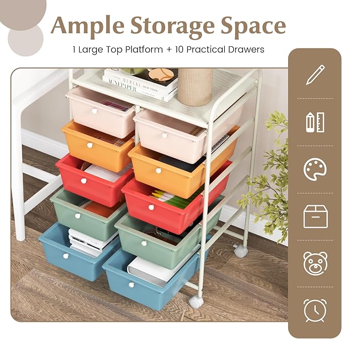 GOFLAME 10-Drawer Rolling Storage Cart, Art Craft Storage Organizer on Wheels, Multipurpose Movable Utility Cart for School, Office and Home, Macaron Color