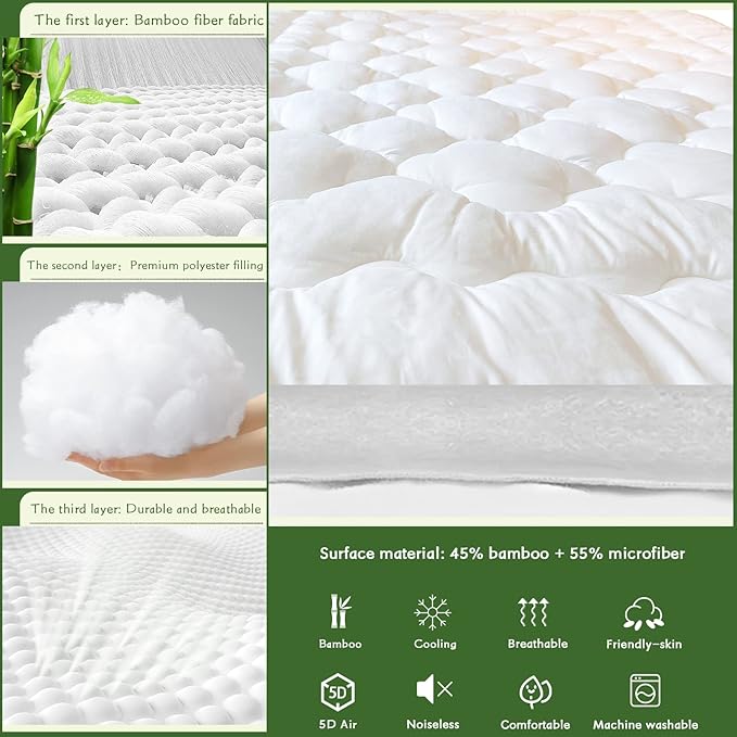 GRT Mattress Pad Cover Rayon from Bamboo King Size, Extra Thick Quilted Fitted - Image 3