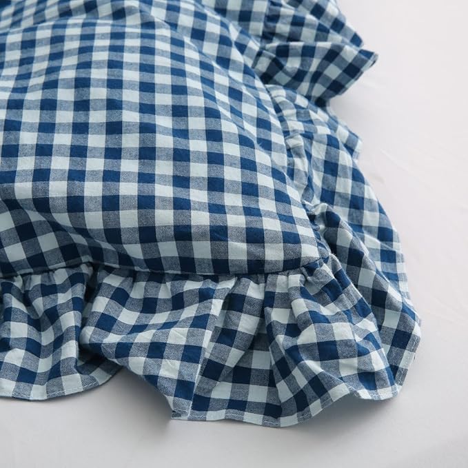 Silnuo Navy Blue/White Plaid Ruffle 3-Piece Duvet Cover Set Queen Size - Image 7