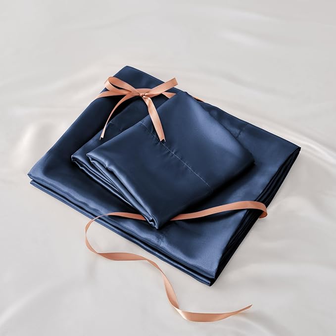 BEDELITE Satin Sheets Full Size Bed Set, Luxury Soft Navy Silky Sheet - Image 7