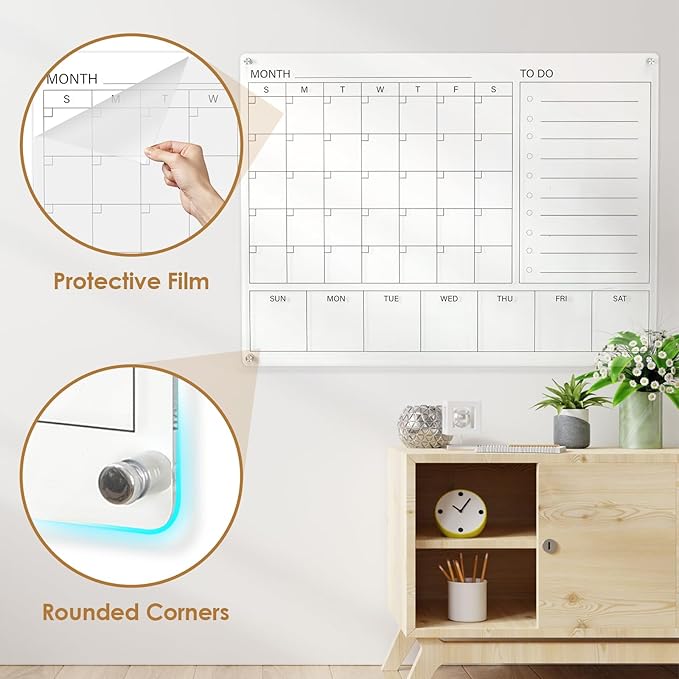 MAKELLO Acrylic Calendar for Wall 32" x 24", Clear White Board Calendar for Office, School, Home, Monthly Whiteboard with Weekly