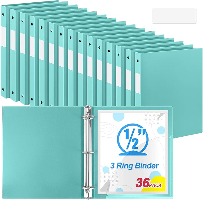 Henoyso 36 Pcs 3 Ring Binder 0.5 Inch Round Fits Letter Size 8.5'' x 11'' Paper Plastic Flexible Binder Bulk Holds 140 Sheets with 1 Pockets Versatile Organizer for Home Office School (Mint Green)