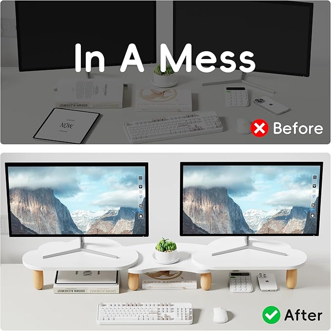 AFOOYO Dual Monitor Stand Riser,Rainbow Cloud Desktop Computer Stand for 2 Monitors,Adjustable Length and Angle Multifunctional Desktop Organizer Stand for Laptop, PC, Computer, Printer,White