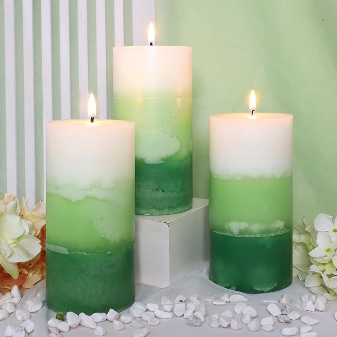 Pillar Candles 3x6 Inch Eucalyptus Scented Hand-Poured 3-Layers Green Gradient - Image 7