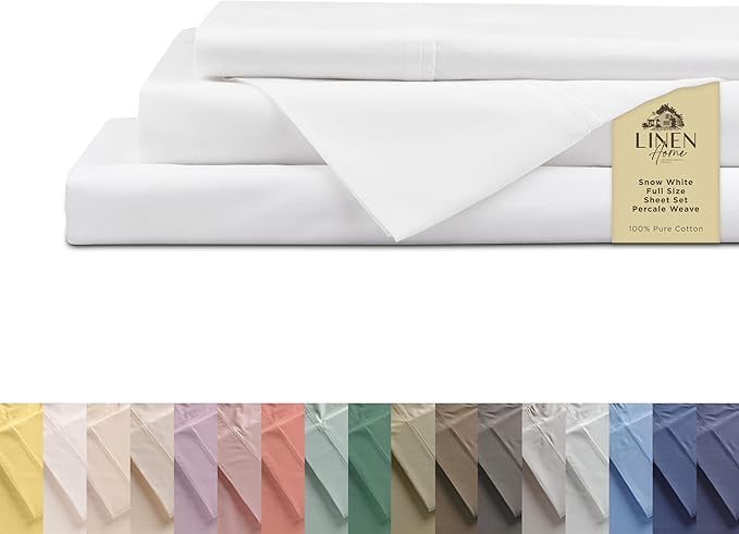 Linen Home 100% Cotton Percale Sheets Full Size, Snow White, Deep Pocket by LINENHOME