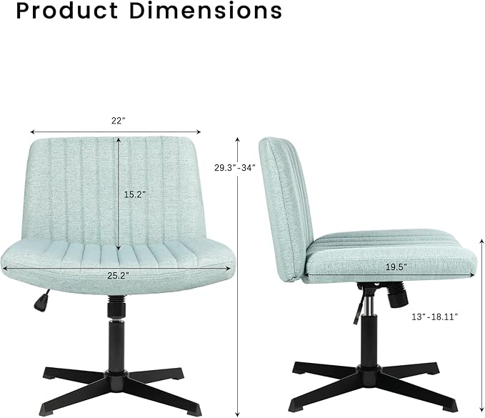 PUKAMI Criss Cross Chair,Armless Cross Legged Office Desk Chair No Wheels,Fabric Padded Modern Swivel Height Adjustable Mid Back Wide Seat Computer Task Vanity Chair for Home Office(Mint Green)