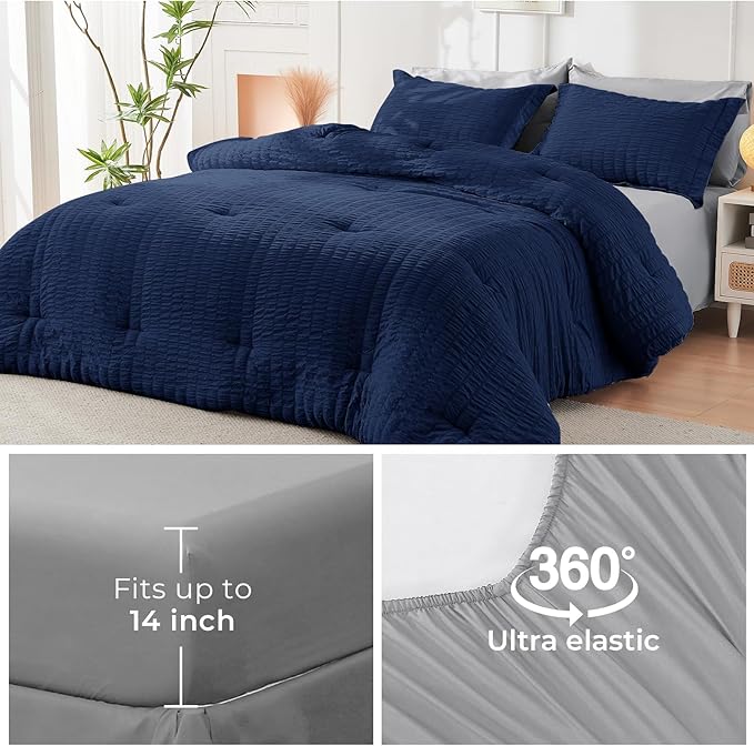 HYMOKEGE Navy Blue/Light Grey California King Comforter Set Seersucker 7 Pieces - Image 6