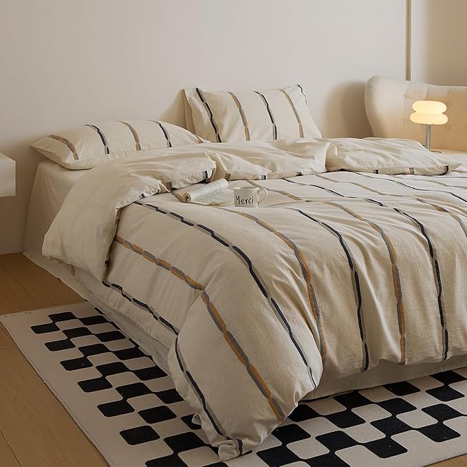 mixinni Cotton Linen Jacquard Duvet Cover Set King, 3-Piece Mid-Century Modern - Image 2