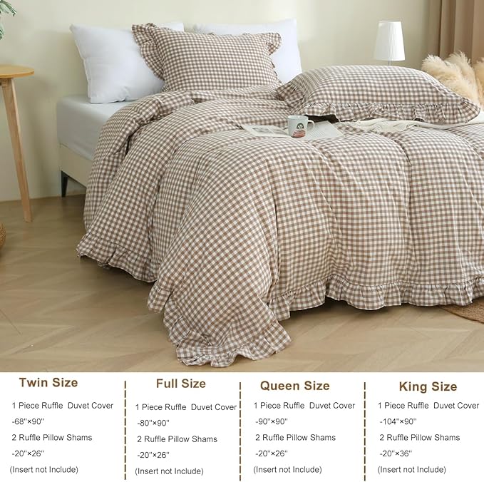 Silnuo Taupe/White Plaid Ruffle Duvet Cover Queen Size, 100% Washed Cotton 3 - Image 4