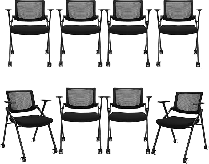 BROBRIYO Conference Room Chairs with Wheels and Paddle, Ergonomic Mesh Back and Arms for Meeting, Conference, Reception, Training Room & Home Office Desk Folding Chairs 8 Pack