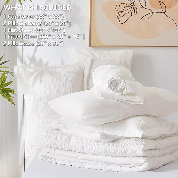 CozyLux Queen Comforter Set White Seersucker 7 Pieces Bed in a Bag Queen - Image 6