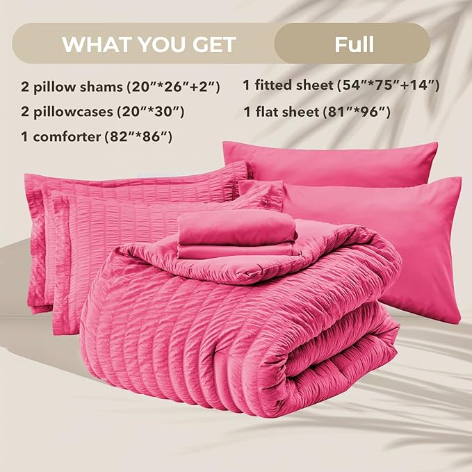 HYMOKEGE Hot Pink Full Size Comforter Sets Seersucker 7 Pieces, All Season - Image 6