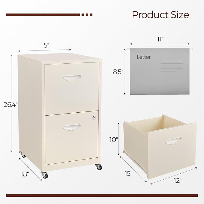 Kubohogar 2 Drawer Mobile File Cabinet with Lock, Cream Metal Filing Cabinets with Wheels, Vertical Rolling File Cabinet Fit Hanging Files, Letter and A4 Documents