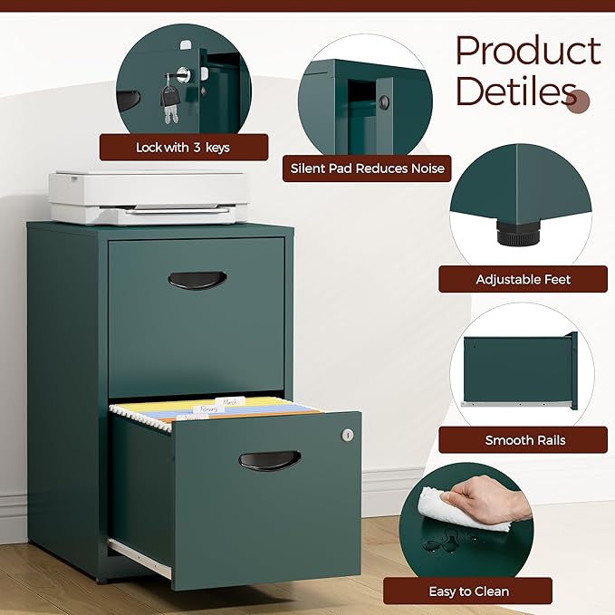 Kubohogar 2 Drawer File Cabinet with Lock,Green Metal Filing Cabinets,Vertical Locking File Cabinet Fit Hanging Files, Letter,File Box and A4 Documents