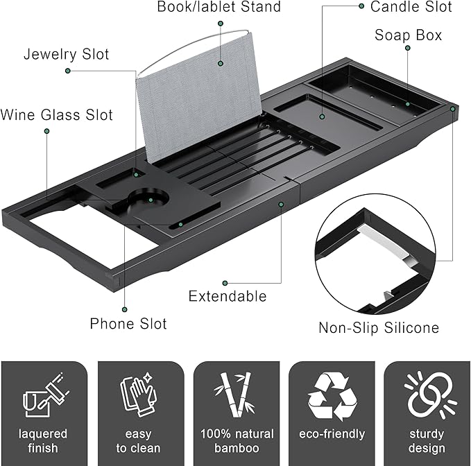 Foldable Bathtub Caddy Tray for Tub, Bamboo Expandable Bath Table Trays - Image 5